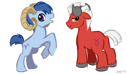 Size: 800x466 | Tagged: dead source, safe, artist:jiayi, aries (g4), taurus (g4), earth pony, pony, g4, aries, duo, duo male, horns, male, ponyscopes, rearing, simple background, stallion, taurus, white background, zodiac