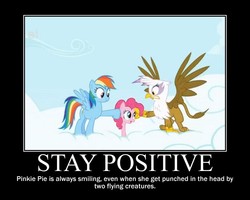 Size: 750x600 | Tagged: safe, edit, edited screencap, screencap, gilda, pinkie pie, rainbow dash, griffon, g4, griffon the brush off, cloud, cloudy, misspelling, motivational poster, sky, smiling