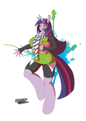 Size: 652x921 | Tagged: safe, artist:lionalliance, twilight sparkle, anthro, g4, book, breasts, busty twilight sparkle, clothes, female, happy, scarf, smiling, solo