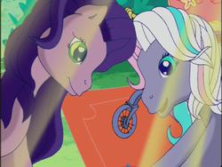 Size: 640x480 | Tagged: safe, screencap, kimono, razzaroo, earth pony, pony, a charming birthday, g3, crepuscular rays, cute, duo, duo female, female, g3betes, kimonawww, light, mare, razzabetes