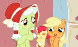 Size: 6000x3600 | Tagged: safe, artist:beavernator, apple bloom, applejack, granny smith, earth pony, pony, g4, baby, baby apple bloom, baby pony, bed, female, filly, filly applejack, foal, mare, young granny smith, younger