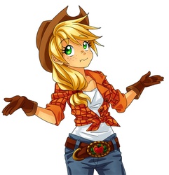 Size: 630x654 | Tagged: safe, artist:semehammer, applejack, human, g4, applejack's hat, belt, belt buckle, clothes, cowboy hat, female, freckles, gloves, hat, humanized, jeans, pants, scrunchy face, shrug, shrugpony, simple background, solo, white background