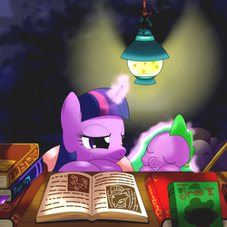 Size: 1260x1260 | Tagged: safe, artist:hoyeechun, spike, twilight sparkle, dragon, pony, g4, blanket, book, cute, duo, firefly lamp, lidded eyes, mama twilight, sleeping, spikabetes, twiabetes