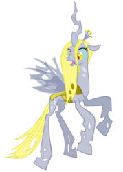 Size: 876x1221 | Tagged: safe, artist:voodoo-tiki, derpy hooves, queen chrysalis, changeling, g4, changelingified, derpling, female, joanna węgrzynowska, polish, queen derpilyis, simple background, solo, species swap, transparent background, voice actor joke, wat