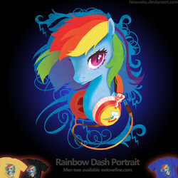 Size: 1299x1299 | Tagged: safe, artist:hinoraito, rainbow dash, pony, g4, official, clothes, female, headphones, merchandise, solo, t-shirt, welovefine