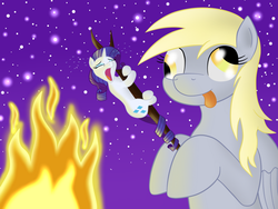 Size: 1280x960 | Tagged: safe, artist:8aerondight8, derpy hooves, rarity, pegasus, pony, unicorn, g4, campfire, cooked alive, cooking, crying, female, fire, mare, marshmallow, micro, rarity is a marshmallow, silly, tiny ponies, tongue out