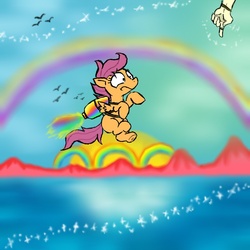 Size: 800x800 | Tagged: safe, artist:ichibangravity, scootaloo, pegasus, pony, g4, jetpack, rainbow, solo