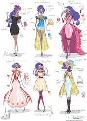 Size: 2000x2791 | Tagged: safe, artist:glasmond, fashion plate, rarity, human, g4, beret, clothes, design, dress, fashion, fashion design, female, gala dress, hat, horn, horn jewelry, horned humanization, humanized, jewelry, sketch, sketch dump, skinny, solo, thin