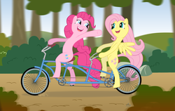 Size: 4743x3000 | Tagged: safe, artist:thundercrackermlp, fluttershy, pinkie pie, earth pony, pegasus, pony, g4, bicycle, duo, duo female, female, mare, ride to conquer cancer