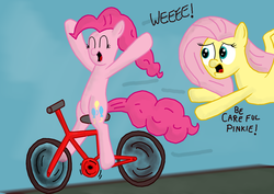 Size: 2032x1440 | Tagged: safe, artist:bored0stiff, fluttershy, pinkie pie, g4, bicycle, duo, ride to conquer cancer