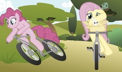 Size: 1240x733 | Tagged: safe, anonymous artist, angel bunny, fluttershy, pinkie pie, tank, earth pony, pegasus, pony, rabbit, g4, anatomically incorrect, animal, bicycle, duo, female, incorrect leg anatomy, mare, ride to conquer cancer