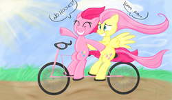 Size: 1190x689 | Tagged: safe, artist:tashiepie, fluttershy, pinkie pie, g4, bicycle, duo, ride to conquer cancer