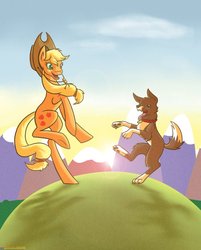 Size: 802x997 | Tagged: safe, artist:scissorsrunner, applejack, winona, dog, earth pony, pony, g4, applejack's hat, cowboy hat, dancing, duo, female, freckles, hat, mare, mountain, paw pads, stetson, sunset