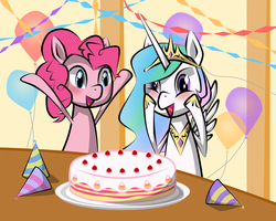 Size: 1500x1200 | Tagged: safe, artist:jeszinc, pinkie pie, princess celestia, g4, balloon, cake, happy, party, pixiv