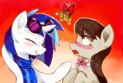 Size: 1308x887 | Tagged: dead source, safe, artist:si1vr, dj pon-3, octavia melody, vinyl scratch, g4, blushing, christmas, clothes, female, holly, holly mistaken for mistletoe, lesbian, scarf, ship:scratchtavia, shipping