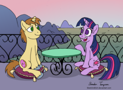 Size: 1045x764 | Tagged: safe, artist:sketchinetch, donut joe, twilight sparkle, pony, unicorn, g4, cushion, female, male, mare, ship:twijoe, shipping, signature, sitting, smiling, stallion, straight, table, talking, unicorn twilight