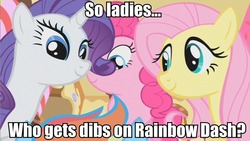 Size: 853x480 | Tagged: safe, edit, edited screencap, screencap, fluttershy, pinkie pie, rainbow dash, rarity, pony, g4, caption, female, lesbian, mare, ship:flutterdash, ship:pinkiedash, ship:raridash