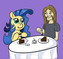 Size: 1305x1217 | Tagged: safe, artist:wizardski, oc, oc:milky way, human, pony, cake, crossover, female, mare, metalocalypse, toki wartooth