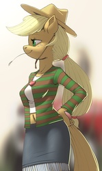 Size: 537x900 | Tagged: safe, artist:kevinsano, applejack, anthro, g4, belly button, clothes, cowboy hat, denim skirt, female, hand on hip, hat, midriff, skirt, solo, standing, stetson