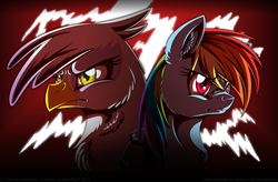 Size: 900x589 | Tagged: safe, artist:inuhoshi-to-darkpen, gilda, rainbow dash, griffon, g4, action pose, epic, fluffy