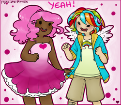 Size: 900x782 | Tagged: safe, artist:pegasisteramelie, pinkie pie, rainbow dash, human, g4, humanized, winged humanization