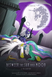 Size: 2018x3023 | Tagged: safe, artist:killryde, princess celestia, star swirl the bearded, alicorn, pony, g4, elements of harmony, female, mare, mare in the moon, moon, poster, rain