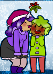 Size: 394x546 | Tagged: dead source, safe, artist:pegasisteramelie, rarity, spike, g4, christmas, female, holly, holly mistaken for mistletoe, horn, horned humanization, humanized, male, ship:sparity, shipping, straight