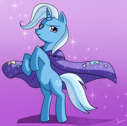 Size: 774x768 | Tagged: safe, artist:merrytheberry, trixie, g4, cape, clothes, full body, gradient background, rearing, solo, trixie's cape