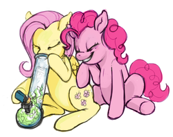 Size: 1280x1016 | Tagged: safe, artist:purmu, fluttershy, pinkie pie, earth pony, pegasus, pony, g4, bong, drugs, duo, flutterhigh, junkie pie, marijuana, simple background, white background