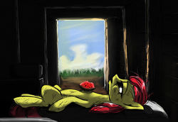 Size: 824x567 | Tagged: safe, artist:madhotaru, apple bloom, earth pony, pony, g4, crossover, dying, female, grave of the fireflies, hotaru no haka, solo, watermelon