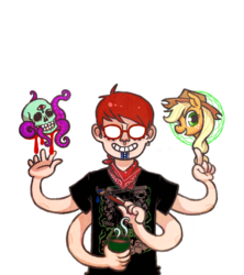 Size: 2390x2694 | Tagged: safe, artist:purmu, applejack, human, g4, bandana, cup, glasses, paintbrush, skull, t-shirt, tentacles