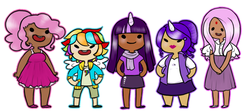 Size: 900x399 | Tagged: safe, artist:pegasisteramelie, fluttershy, pinkie pie, rainbow dash, rarity, twilight sparkle, human, g4, clothes, dark skin, dress, horn, horned humanization, humanized, skirt, winged humanization