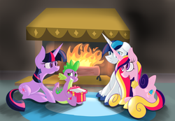 Size: 3000x2074 | Tagged: safe, artist:miroslav46, princess cadance, shining armor, spike, twilight sparkle, alicorn, dragon, pony, unicorn, g4, female, fire, fireplace, male, mare, present, stallion