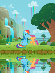 Size: 421x560 | Tagged: safe, artist:kennyklent, rainbow dash, scootaloo, pegasus, pony, g4, animated, cloud, duo, duo female, female, filly, grass, mare, mountain, reflection, scenery, scootalove, tree, water, waterfall