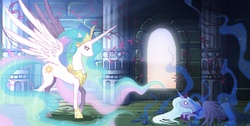 Size: 1621x818 | Tagged: safe, artist:cmaggot, princess celestia, princess luna, alicorn, pony, friendship is magic, g4, 2013, castle of the royal pony sisters, crown, duo, duo female, ethereal mane, ethereal tail, female, hoof shoes, jewelry, looking at each other, looking at someone, lying down, mare, partially open wings, peytral, princess shoes, prone, regalia, s1 luna, spread wings, tail, tiara, white eyes, wings