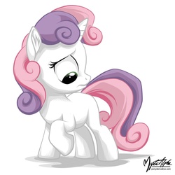 Size: 794x794 | Tagged: safe, artist:mysticalpha, sweetie belle, g4, blank flank, full body, looking back, looking down, raised hoof, simple background, solo, white background
