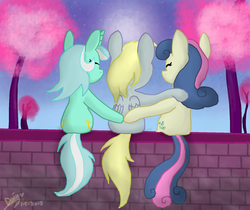 Size: 1626x1364 | Tagged: safe, artist:daisy-dictator, bon bon, derpy hooves, lyra heartstrings, sweetie drops, pegasus, pony, g4, brick wall, eyes closed, female, hug, mare, stars, tree, trio, wall