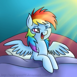 Size: 669x669 | Tagged: safe, artist:wolf-spirit99, rainbow dash, pony, g4, bed, bed mane, cute, dashabetes, female, morning, morning ponies, sleeping, solo