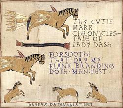 Size: 685x600 | Tagged: safe, apple bloom, rainbow dash, scootaloo, sweetie belle, g4, the cutie mark chronicles, bayeux tapestry, bayeux tapestry meme, medieval, sonic rainboom, ye olde butcherede englishe, ytmnd