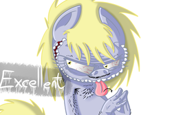 Size: 987x660 | Tagged: safe, artist:extradan, derpy hooves, oc:jerky hooves, g4, bloodshot eyes, creepy, creepy smile, hairy, hand, simple background, smiling, wat, white background