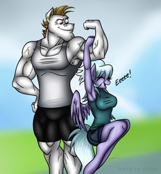 Size: 1280x1378 | Tagged: safe, artist:hasana-chan, bulk biceps, cloudchaser, pegasus, anthro, g4, armpits, clothes, cloudrage, cute, ear piercing, earring, eeee, eyes closed, female, flexing, jewelry, male, mare, muscles, open mouth, piercing, shipping, shorts, smiling, smirk, spread wings, stallion, straight, tank top, vein, weight lifting, wings