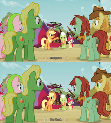 Size: 500x550 | Tagged: safe, edit, edited screencap, screencap, apple bloom, applejack, braeburn, candy apples, granny smith, red gala, wensley, earth pony, pony, apple family reunion, g4, blatant lies, butt, caption, comic, female, filly, foal, male, mare, plot, racist barn, stallion, text, youtube caption