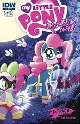 Size: 500x768 | Tagged: safe, idw, official comic, pinkie pie, spike, dragon, earth pony, pony, g4, official, comic, cover, female, jetpack comics, male, mare, superhero