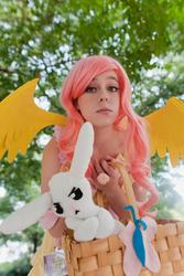 Size: 640x960 | Tagged: safe, artist:ayeavast, angel bunny, fluttershy, human, g4, basket, cosplay, irl, irl human, photo, plushie