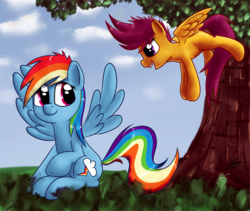 Size: 1200x1011 | Tagged: safe, artist:rainbowgambler, rainbow dash, scootaloo, g4, duo, scootalove, tree