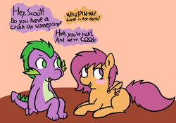 Size: 808x565 | Tagged: safe, artist:raincupcake, scootaloo, spike, g4, female, male, ship:scootaspike, shipping, straight