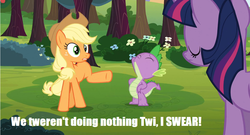 Size: 1067x575 | Tagged: safe, edit, edited screencap, screencap, applejack, spike, twilight sparkle, dragon, earth pony, pony, g4, spike at your service, caption, female, male, mare, missing cutie mark, out of context, raised leg
