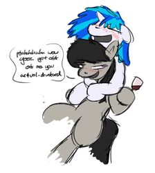 Size: 500x557 | Tagged: safe, artist:johnnoz, dj pon-3, octavia melody, vinyl scratch, g4, blushing, drunk, drunktavia, female, lesbian, ship:scratchtavia, shipping, wine