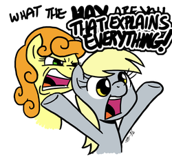 Size: 523x472 | Tagged: safe, artist:zicygomar, carrot top, derpy hooves, golden harvest, earth pony, pegasus, pony, g4, carrot top is not amused, cropped, duo, girlchan in paradise, interrupted, reaction image, simple background, that explains everything, this explains everything, unamused, white background, yelling