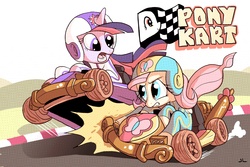 Size: 3600x2400 | Tagged: safe, artist:docwario, fluttershy, twilight sparkle, pony, g4, driving, helmet, kart, ponykart, racing suit, riding